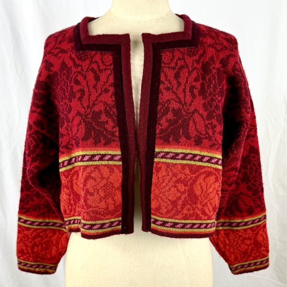 Oleana Norwegian Story Sweater M/L Red Orange Floral Wool Cropped Cardigan - Picture 1 of 13